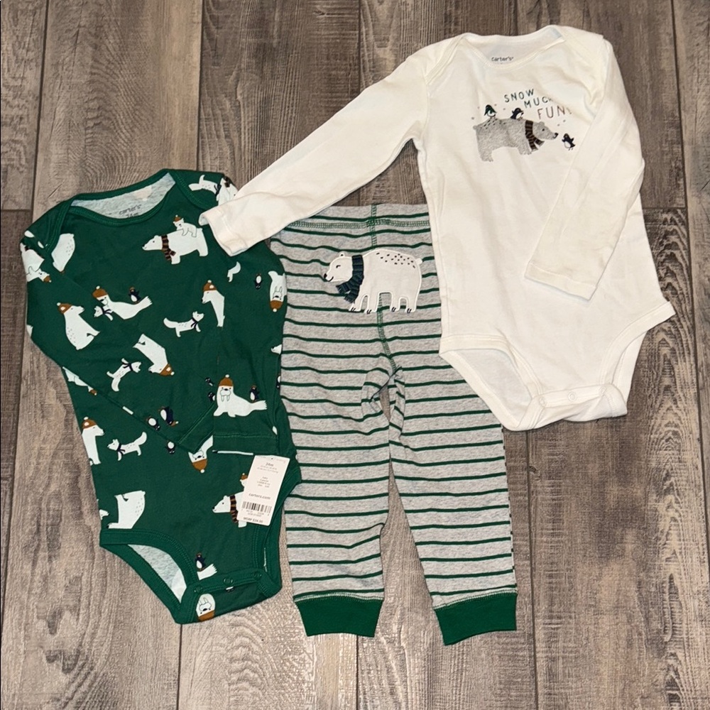 Green and White polar Bear Baby 3 piece Bodysuit and Pants Set